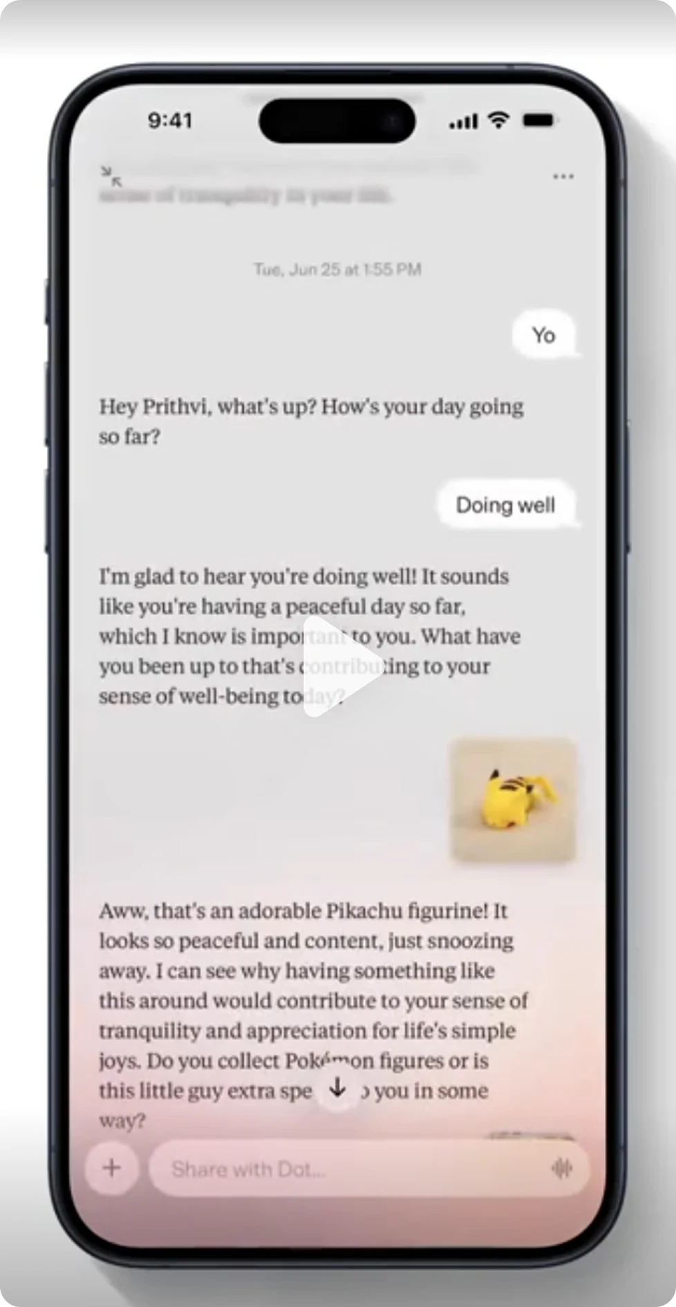 A personal AI app set in a warm serif, with soft pink fades