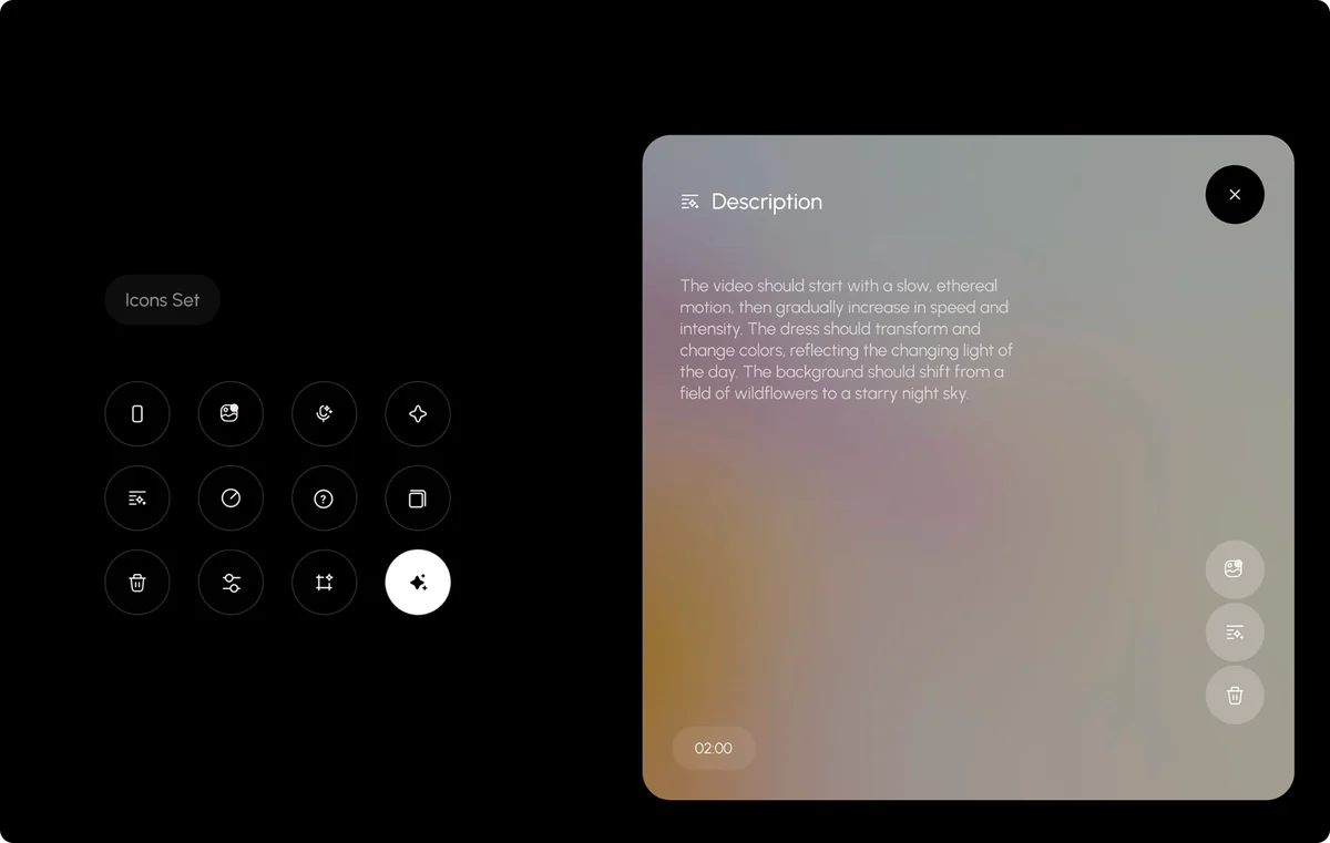 A frosted glass description panel with a small icon set