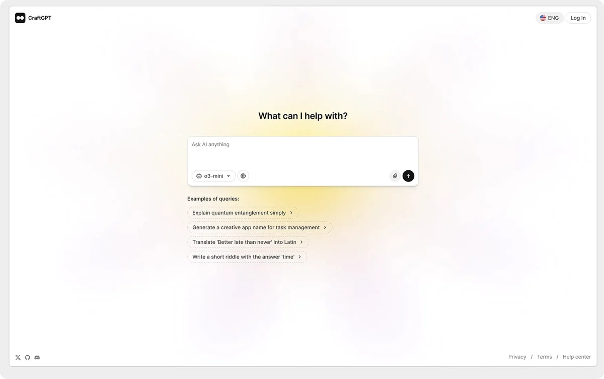 A light AI home screen with a soft yellow and pink glow behind the prompt box