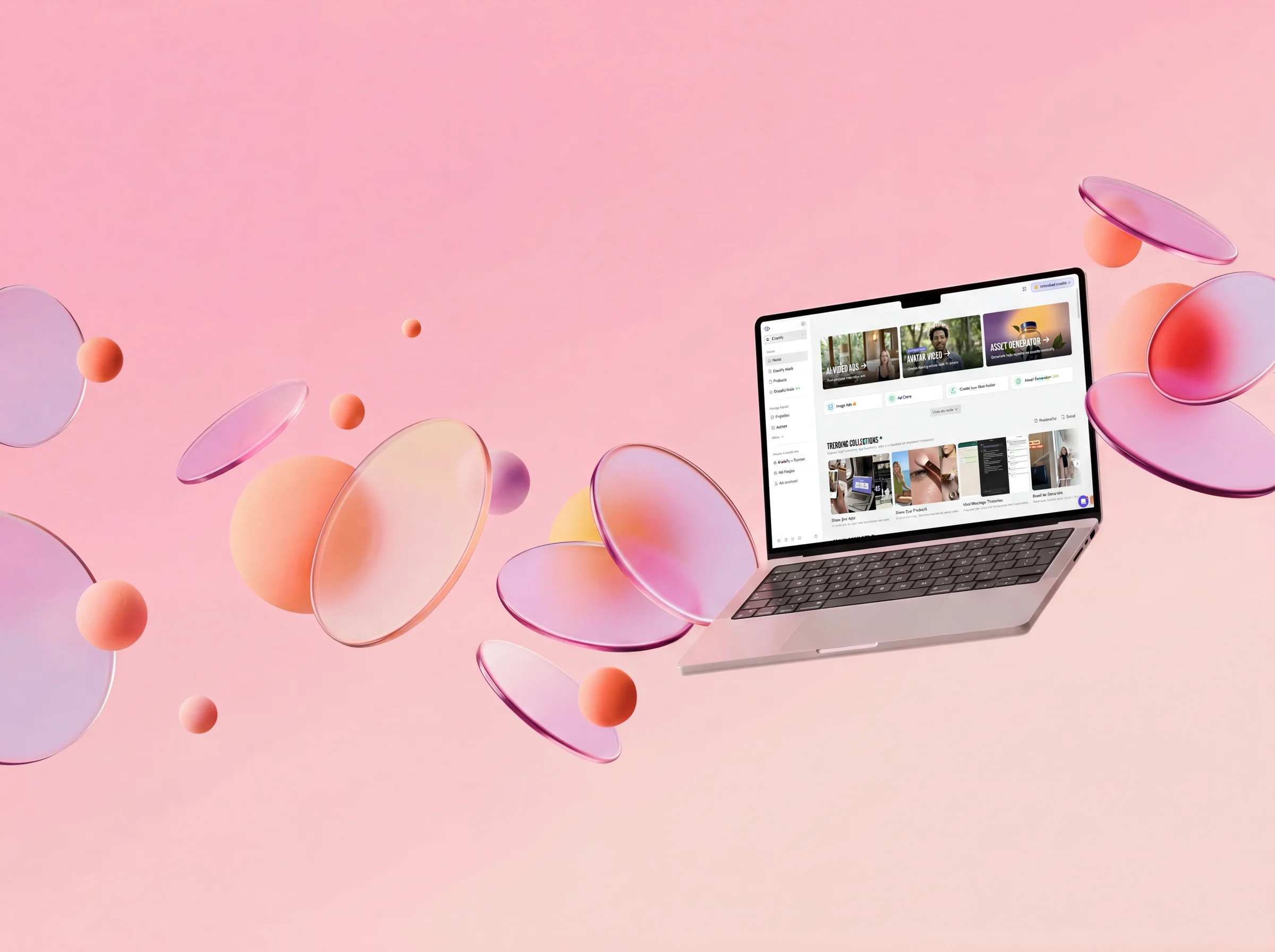 The Creatify platform on a laptop, among floating glass discs