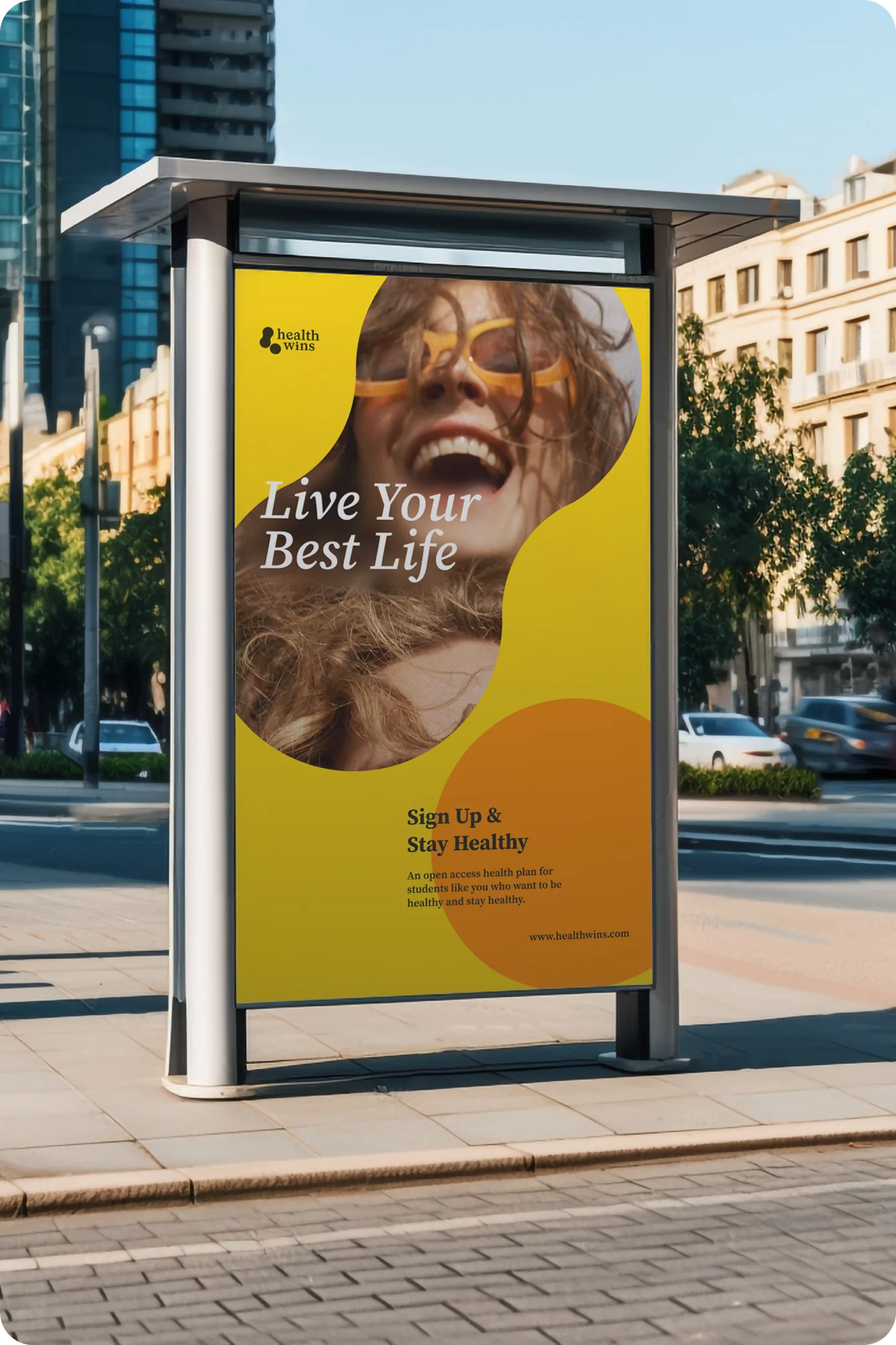 Health Wins poster at a bus stop