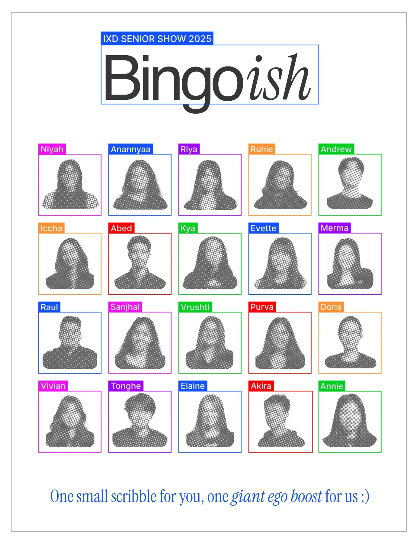 Bingoish card with a square for every senior