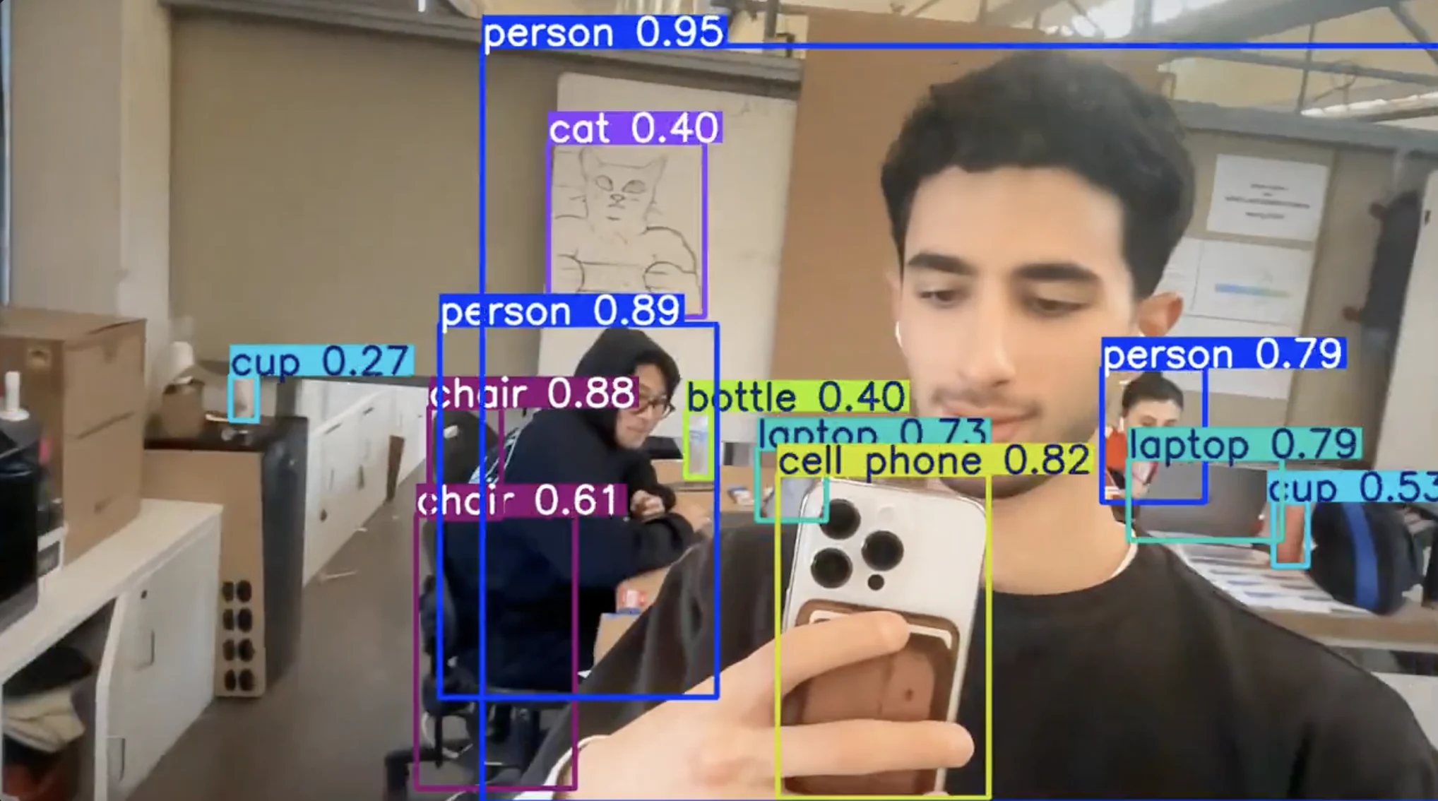 An object-detection model labeling everything in a studio: people, a phone, laptops, chairs, cups