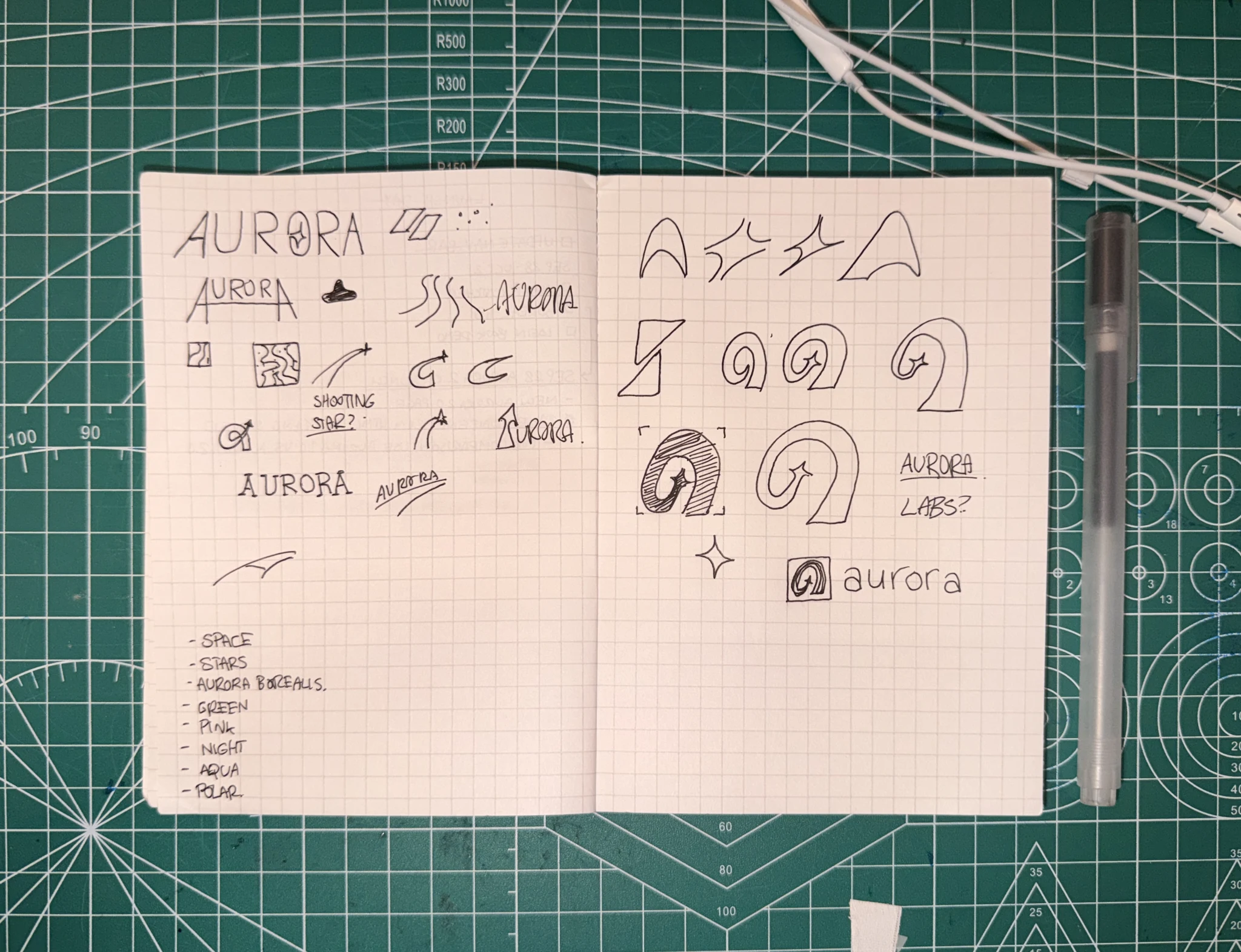 Notebook sketches for the logo: Aurora wordmarks, shooting stars, swooshes and the A taking shape
