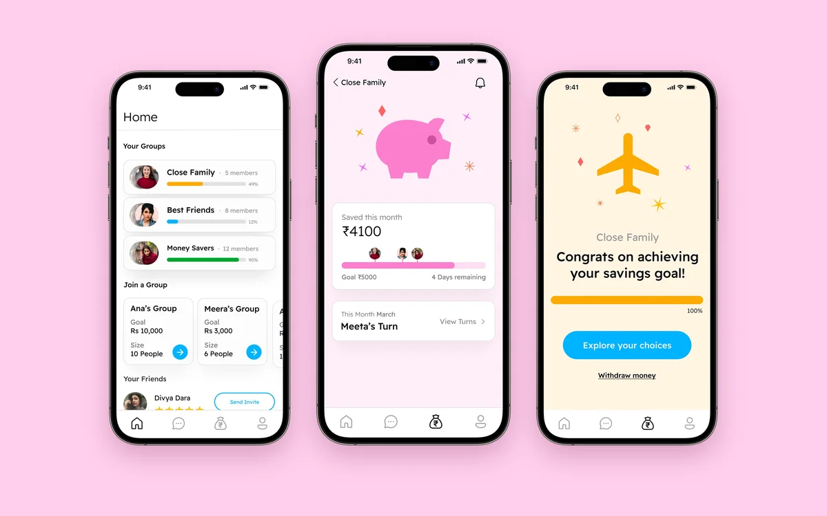 Sama screens: your groups, a group's savings, and a reached goal