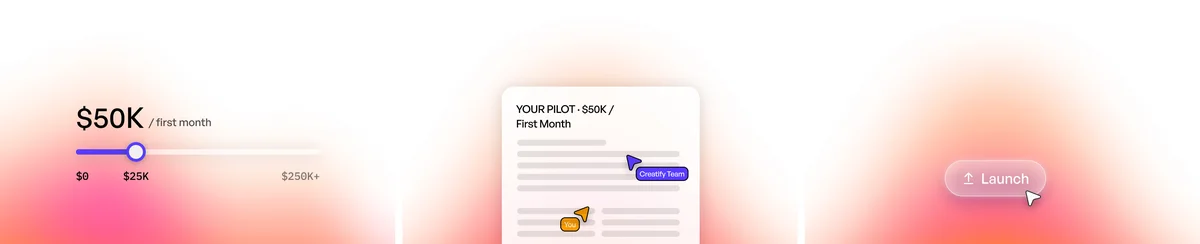 Three Studio illustrations: budget slider, pilot plan, launch button